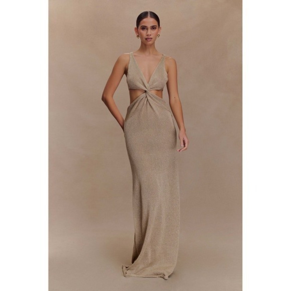 MESHKI Gracelyn Gold Metallic Knit‎ Twist Cut Out Maxi Dress Size L